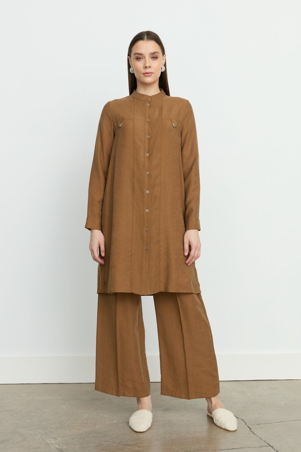 Aller Detaylı Tencel Tunik - Açık Kahve