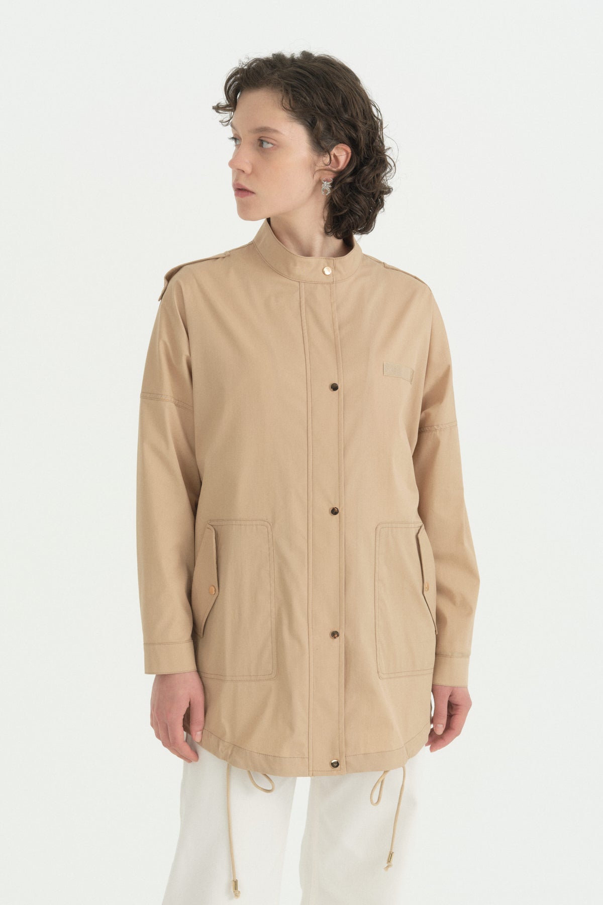 Apolet Detaylı Oversize Spor Pamuk Trenç - Camel