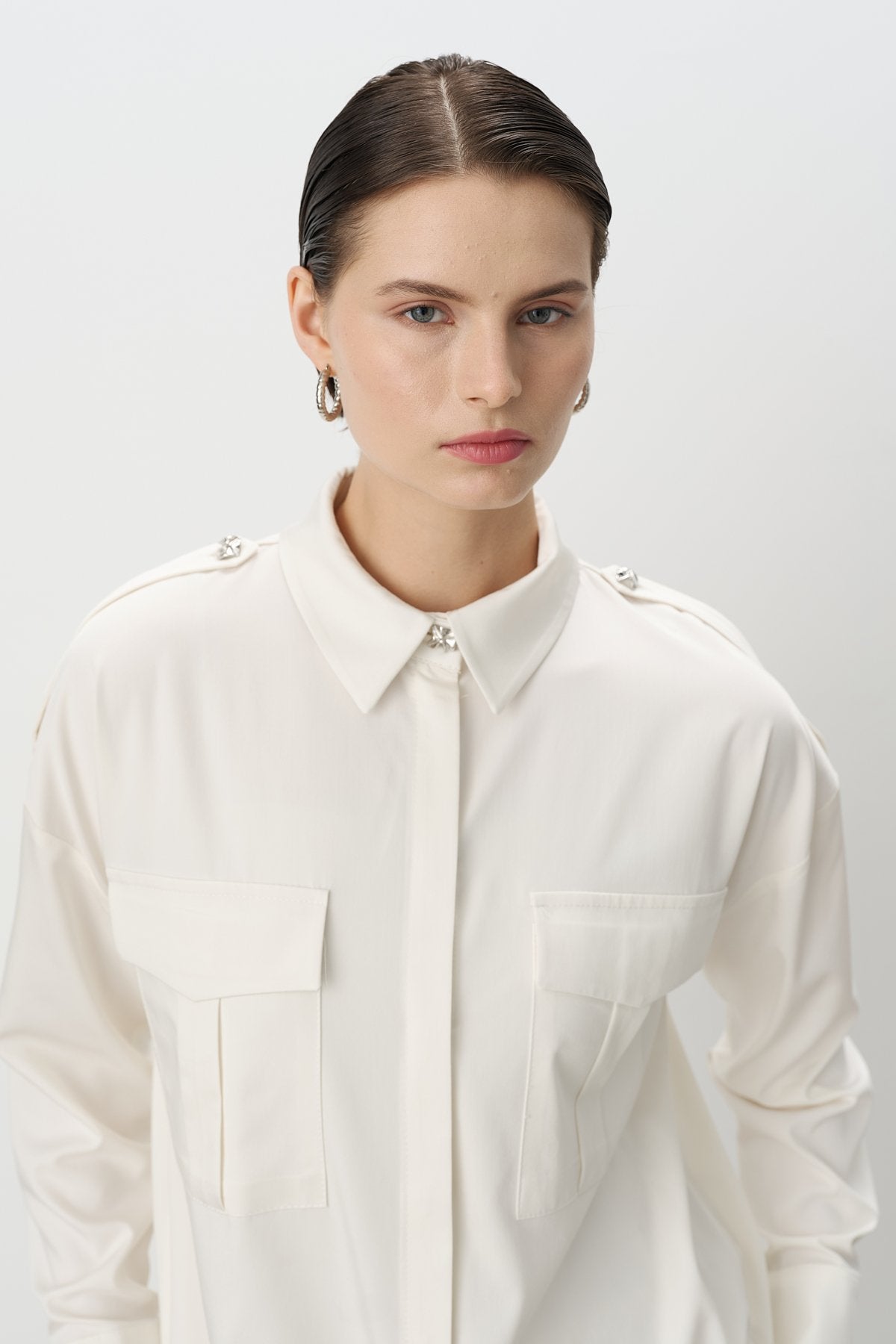 Viscose Tunic and Pants Set with Epaulette Detail - Ecru