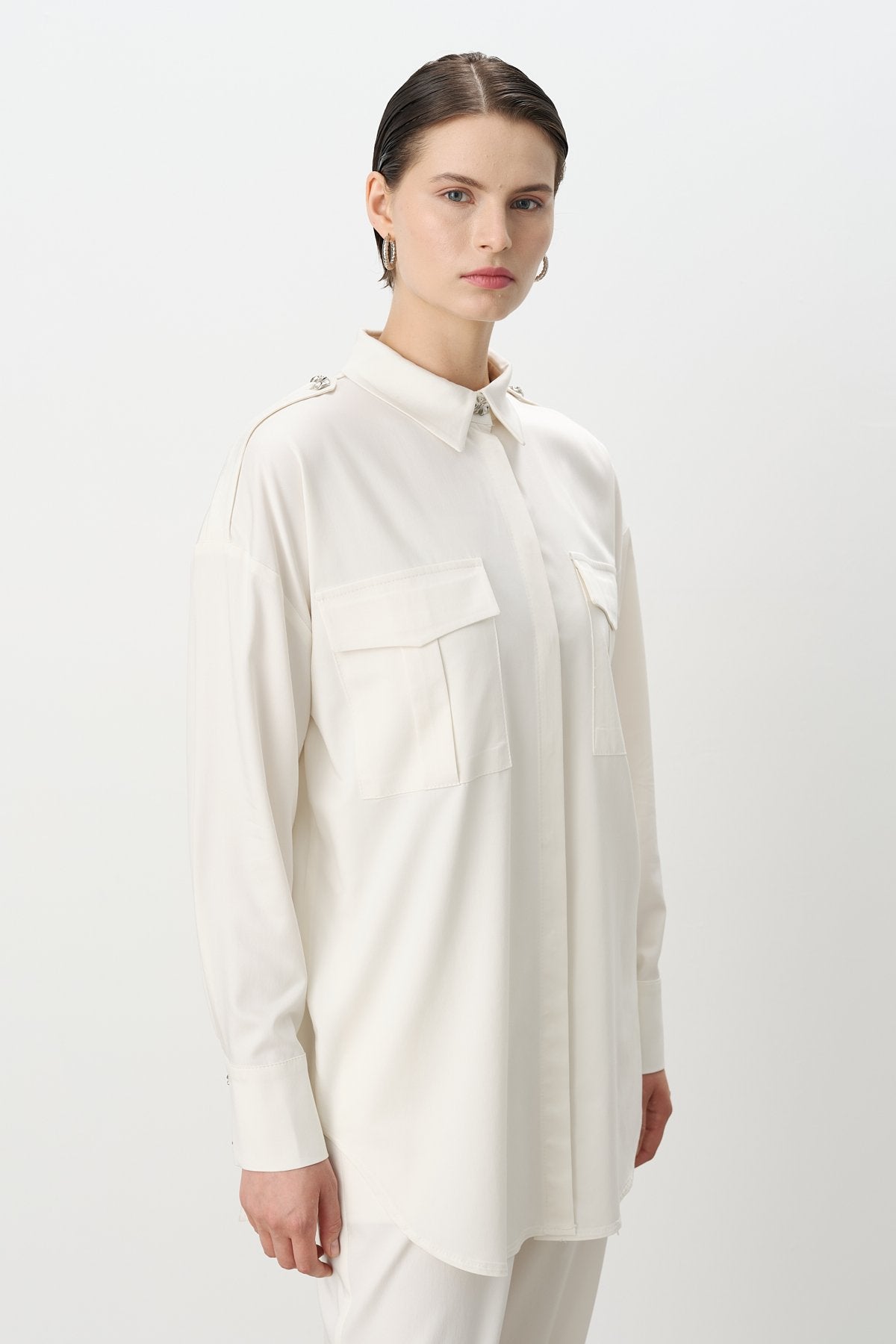 Viscose Tunic and Pants Set with Epaulette Detail - Ecru