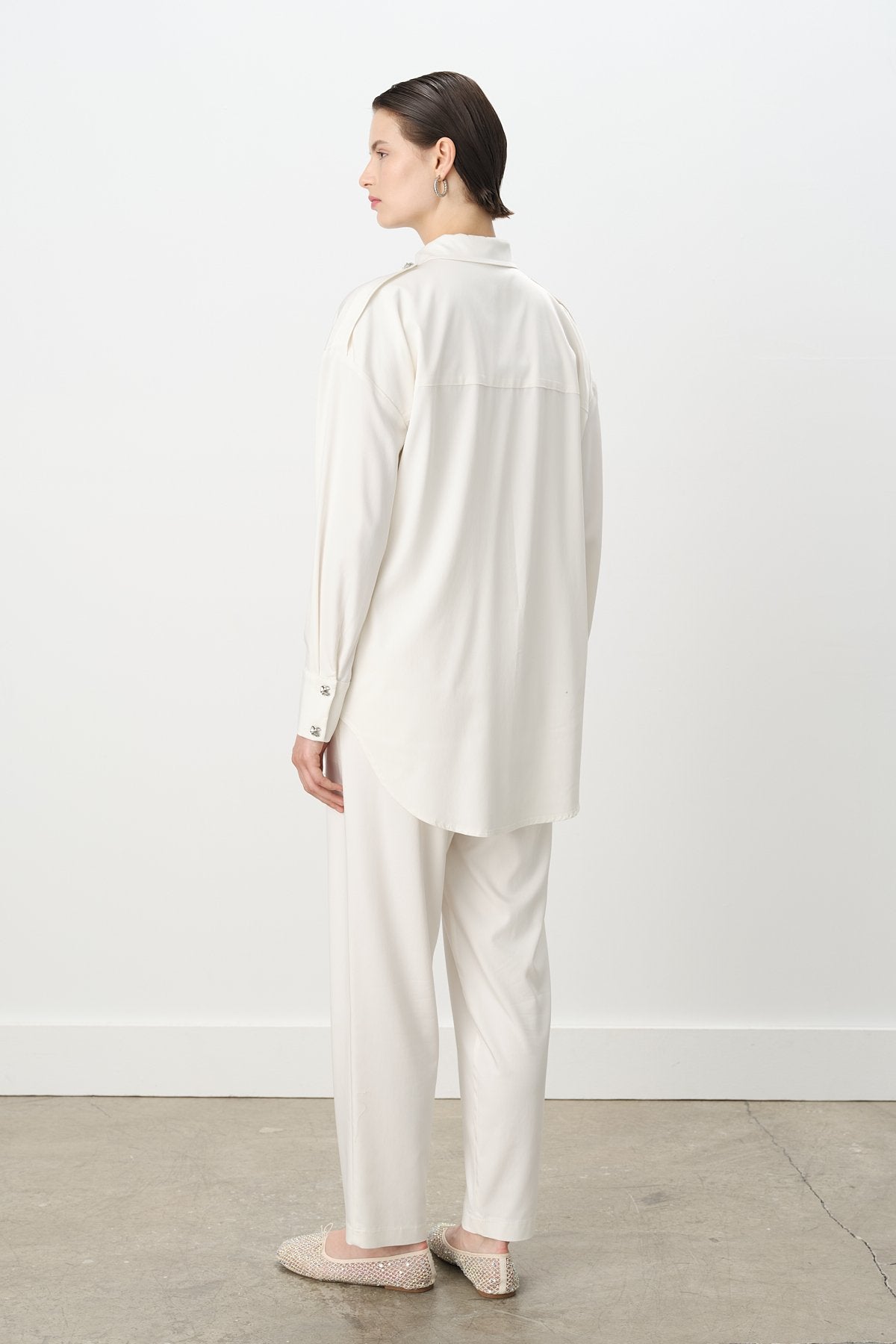 Viscose Tunic and Pants Set with Epaulette Detail - Ecru
