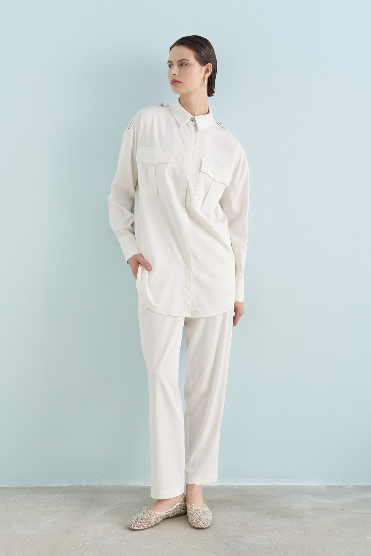 Viscose Tunic and Pants Set with Epaulette Detail - Ecru
