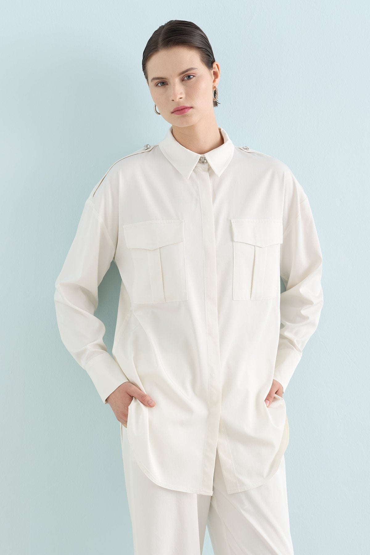 Viscose Tunic and Pants Set with Epaulette Detail - Ecru