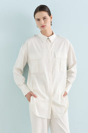 Viscose Tunic and Pants Set with Epaulette Detail - Ecru