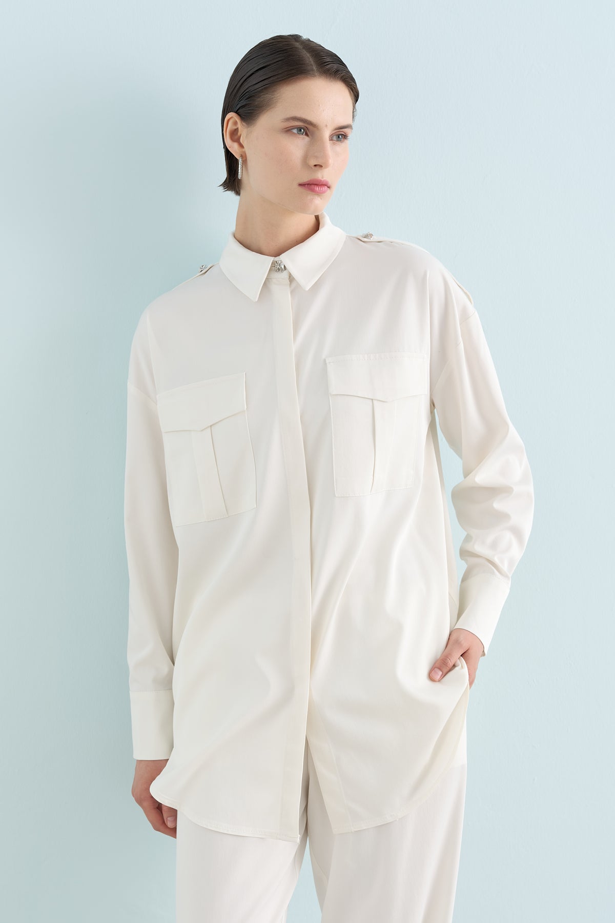 Viscose Tunic and Pants Set with Epaulette Detail - Ecru