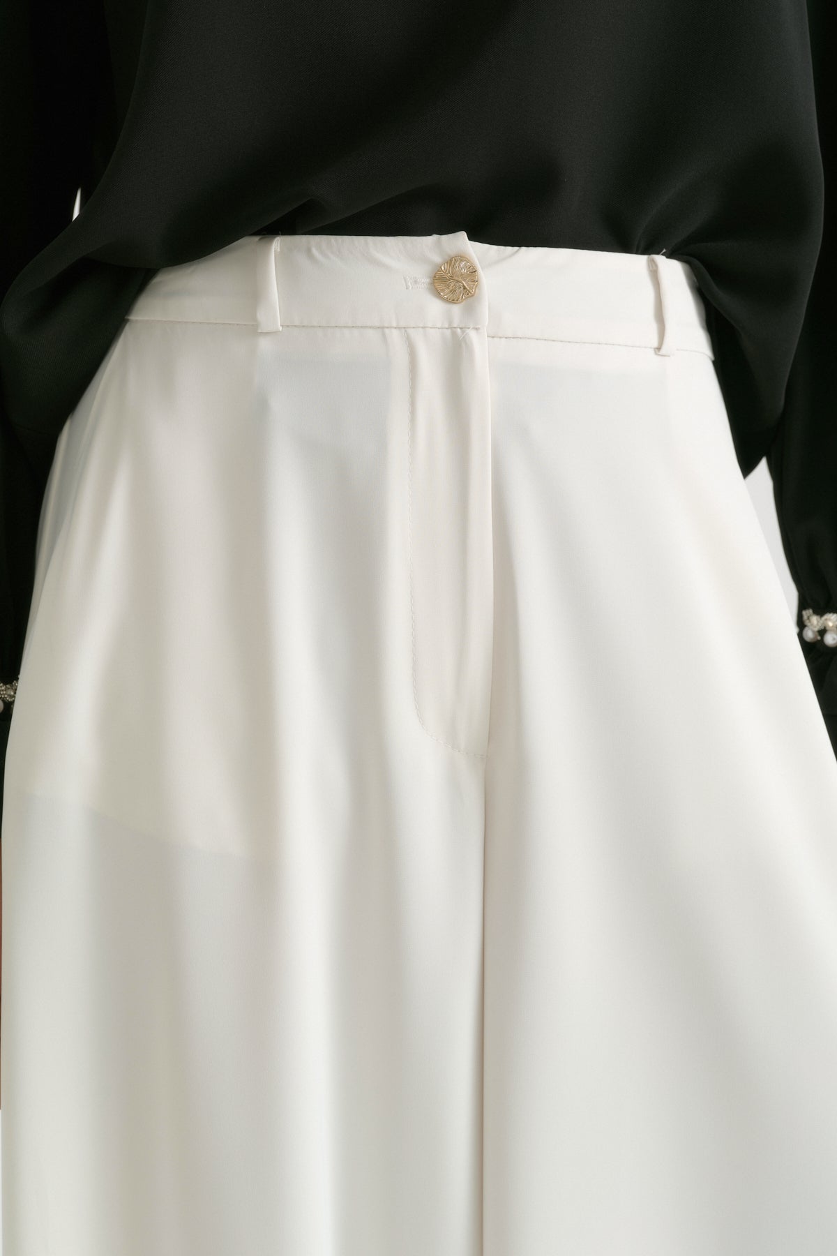 Arka Beli Lastikli Bol Paça Pantolon - Ekru