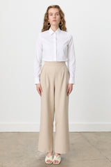 Double Pleated Palazzo Trousers with Elasticated Back Waist - Beige