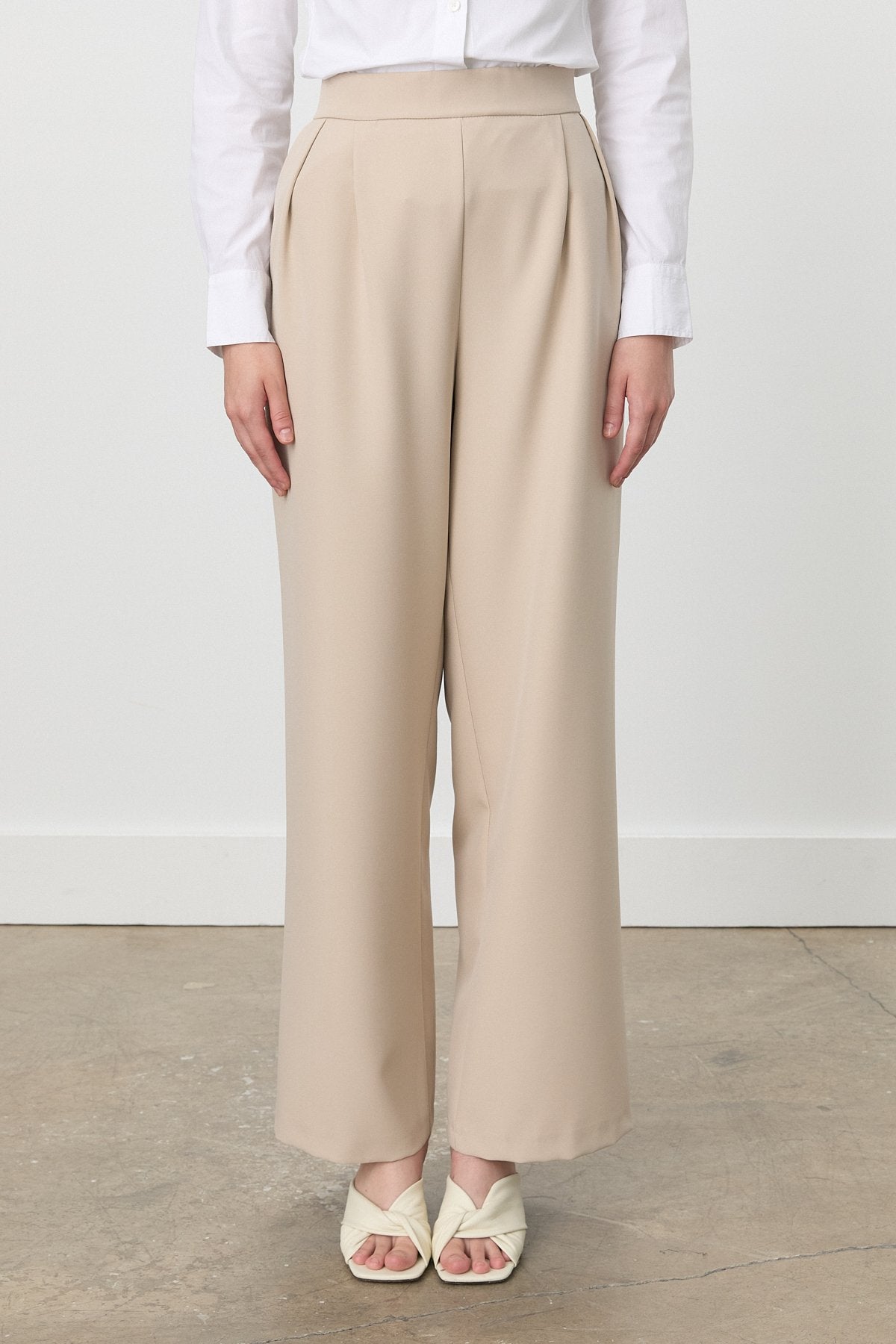 Double Pleated Palazzo Trousers with Elasticated Back Waist - Beige