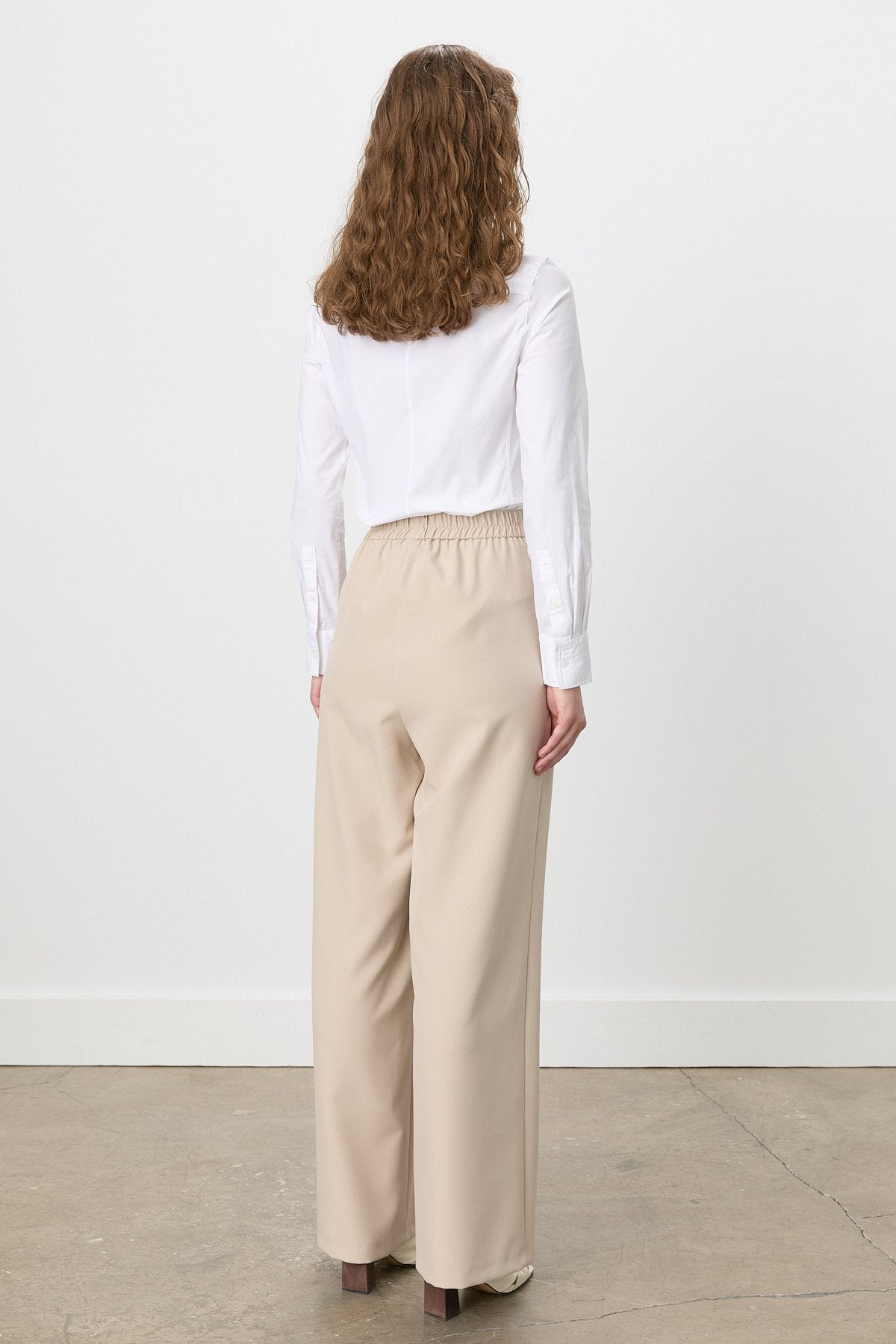 Double Pleated Palazzo Trousers with Elasticated Back Waist - Beige