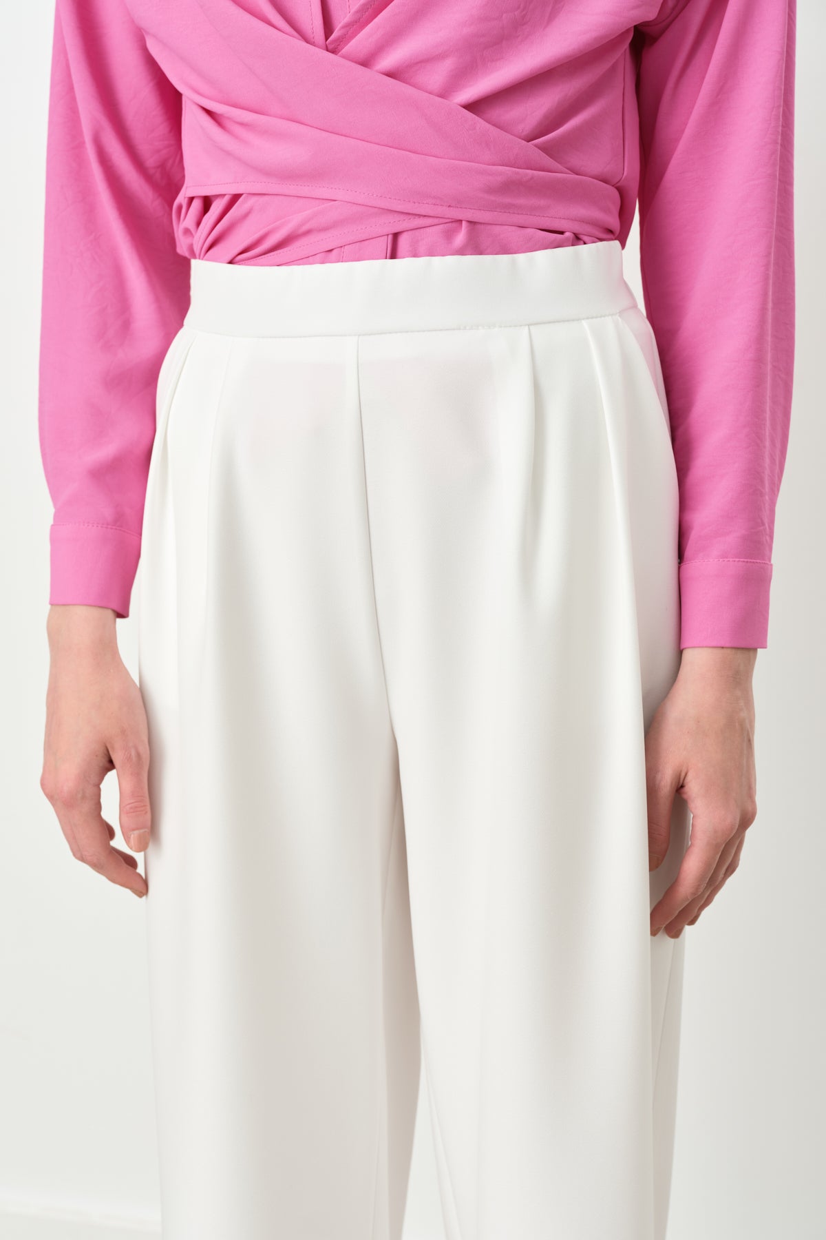 Double Pleated Palazzo Trousers with Elasticated Back Waist - Ecru