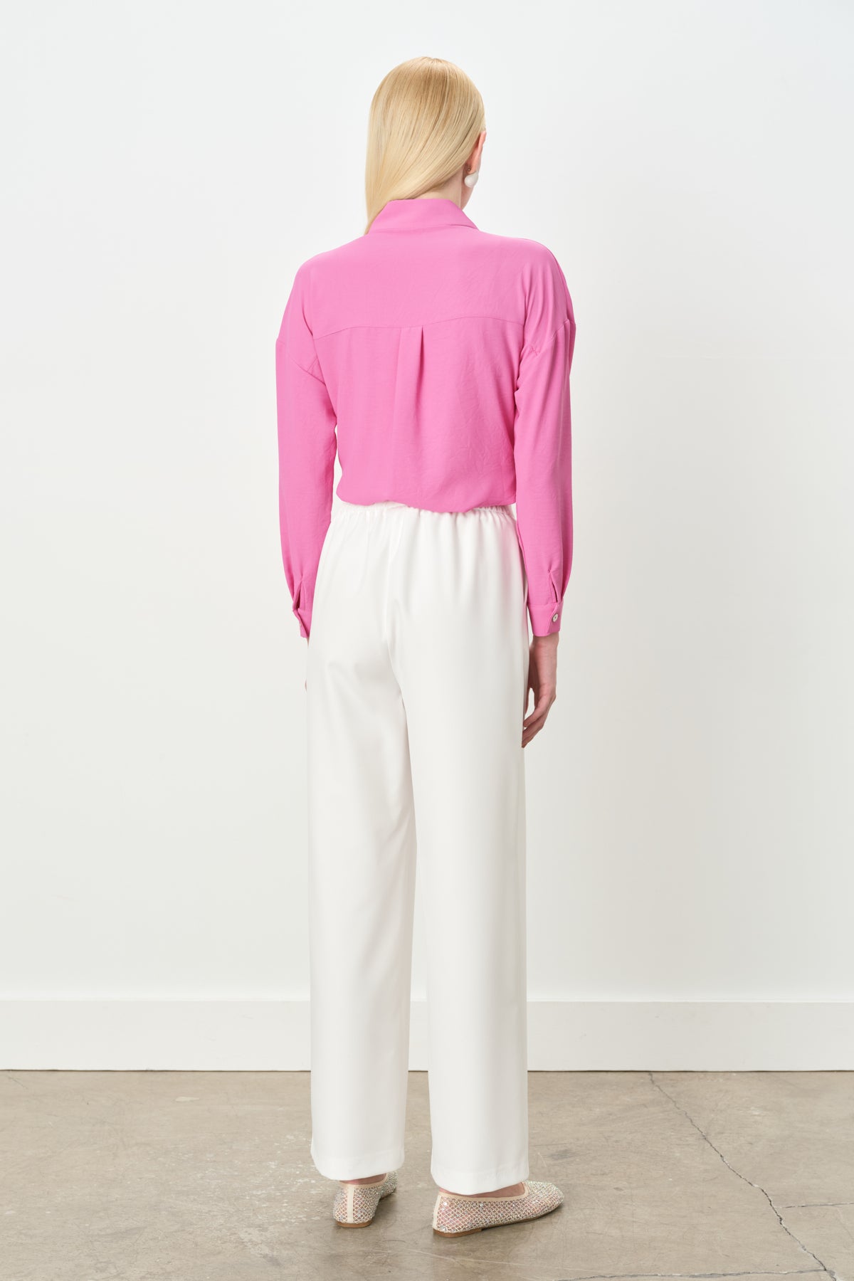Double Pleated Palazzo Trousers with Elasticated Back Waist - Ecru