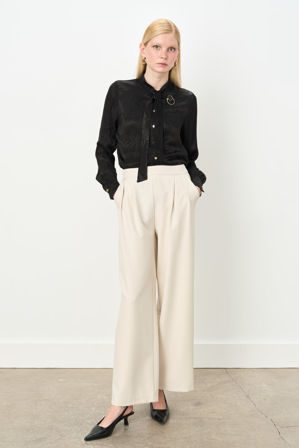 Double Pleated Palazzo Trousers with Elasticated Back Waist - Stone