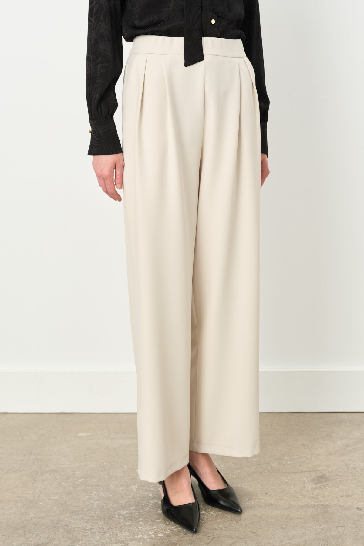 Double Pleated Palazzo Trousers with Elasticated Back Waist - Stone
