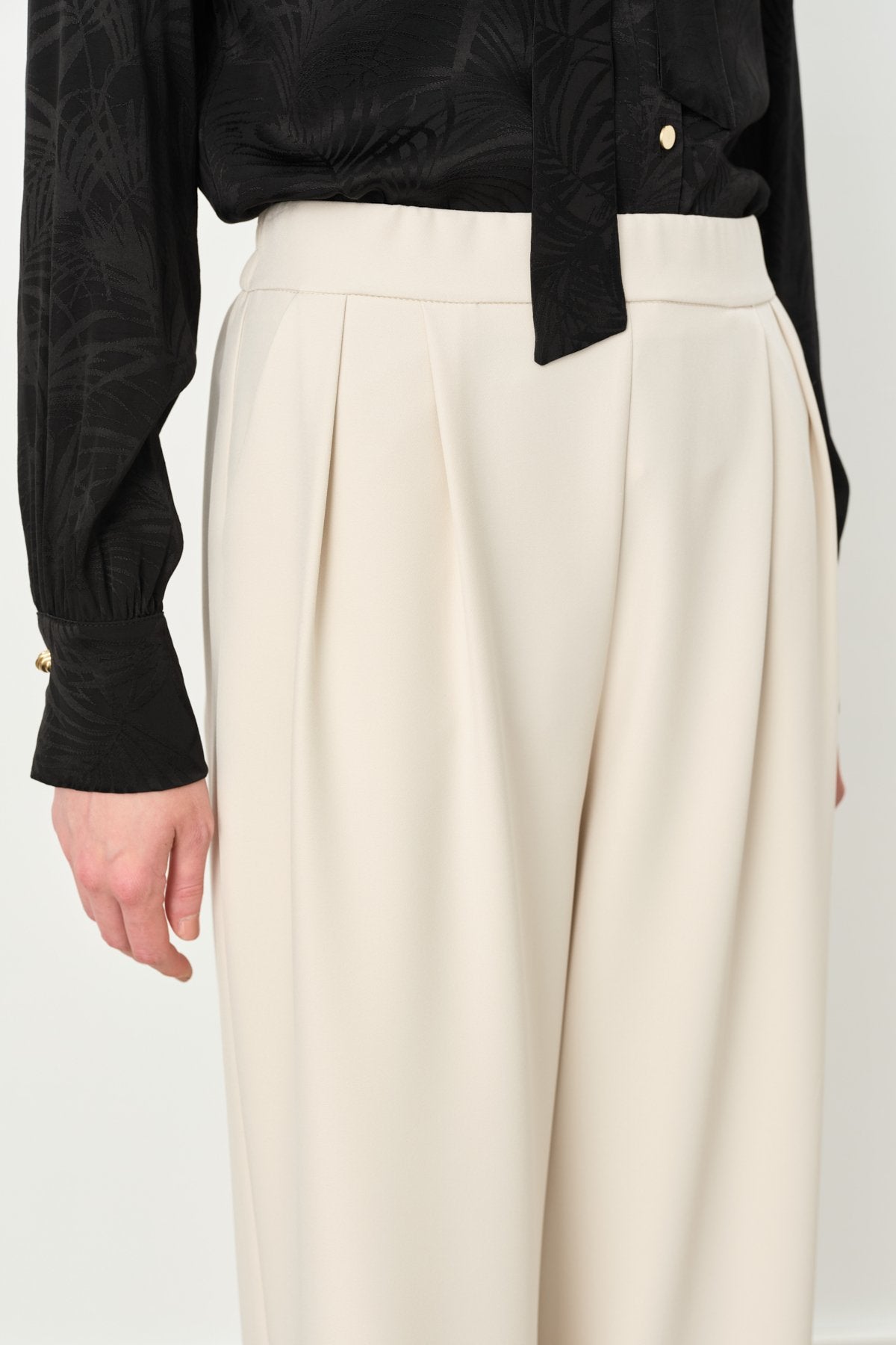 Double Pleated Palazzo Trousers with Elasticated Back Waist - Stone