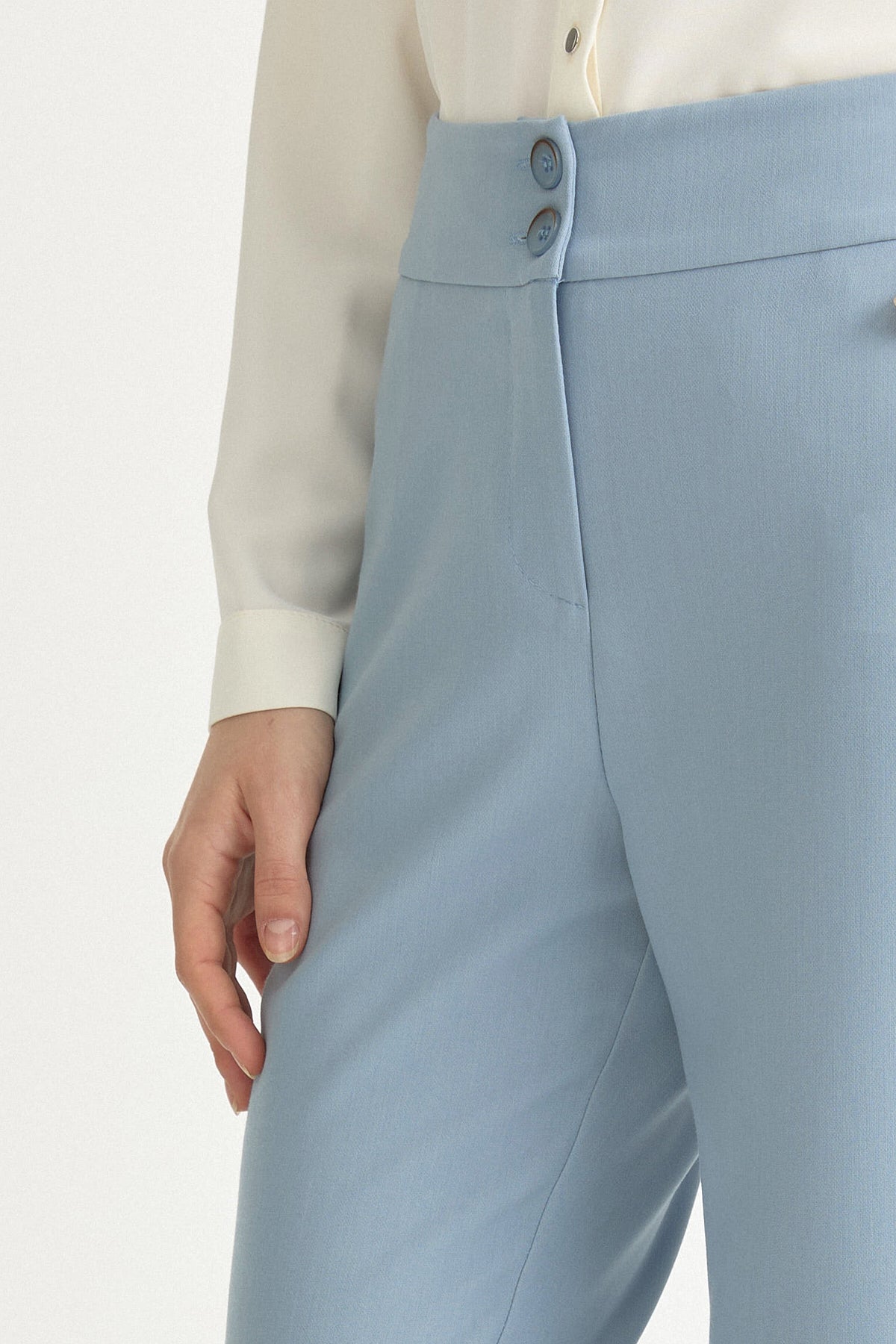Basic Carrot Viscose Trousers with Elasticated Waist - Light Blue