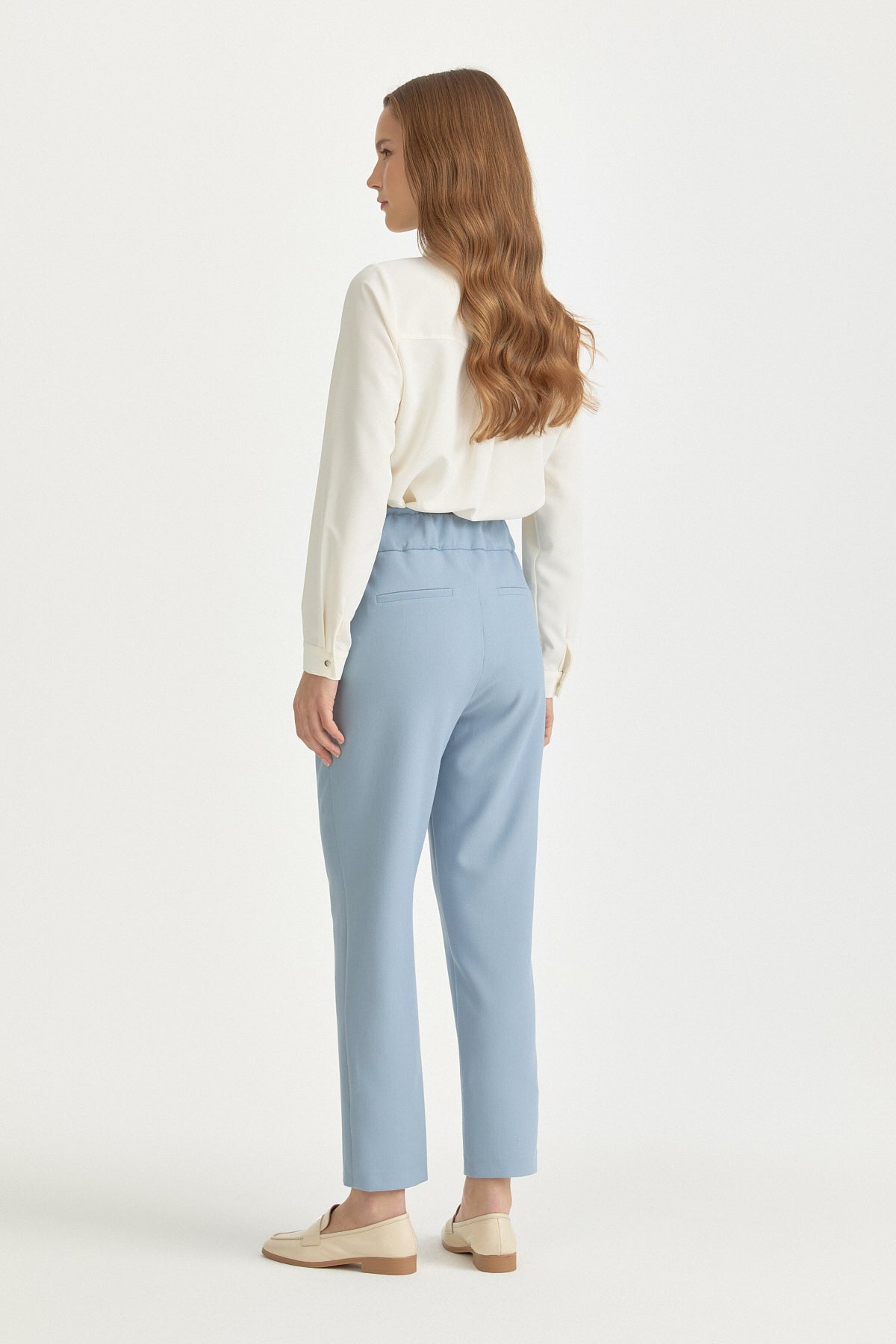 Basic Carrot Viscose Trousers with Elasticated Waist - Light Blue