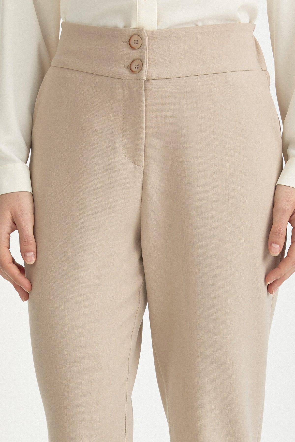 Carrot Basic Viscose Trousers with Elasticated Back Waist - Beige
