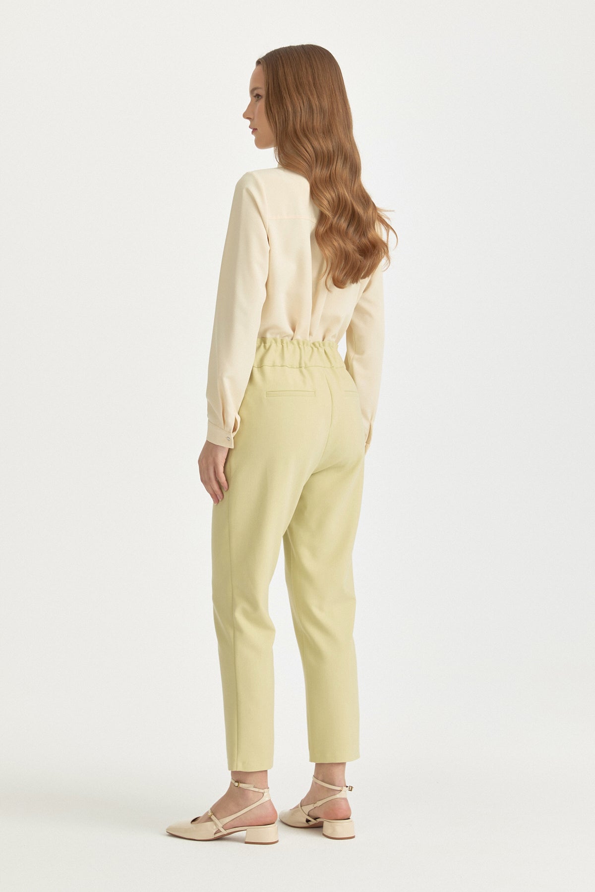 Carrot Basic Viscose Trousers with Elasticated Back Waist - Pistachio Green
