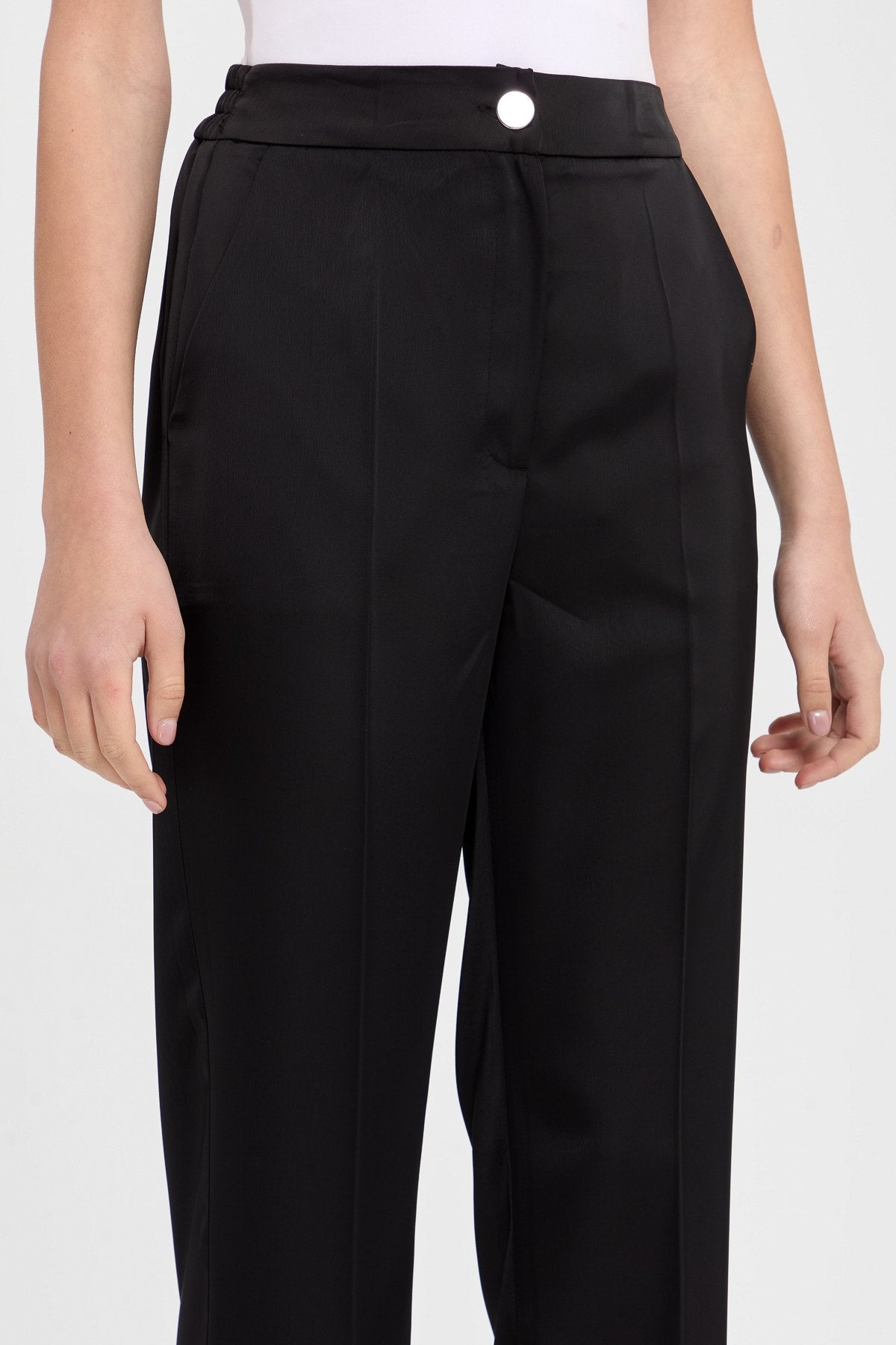 Satin Trousers with Elasticated Waistband - Black