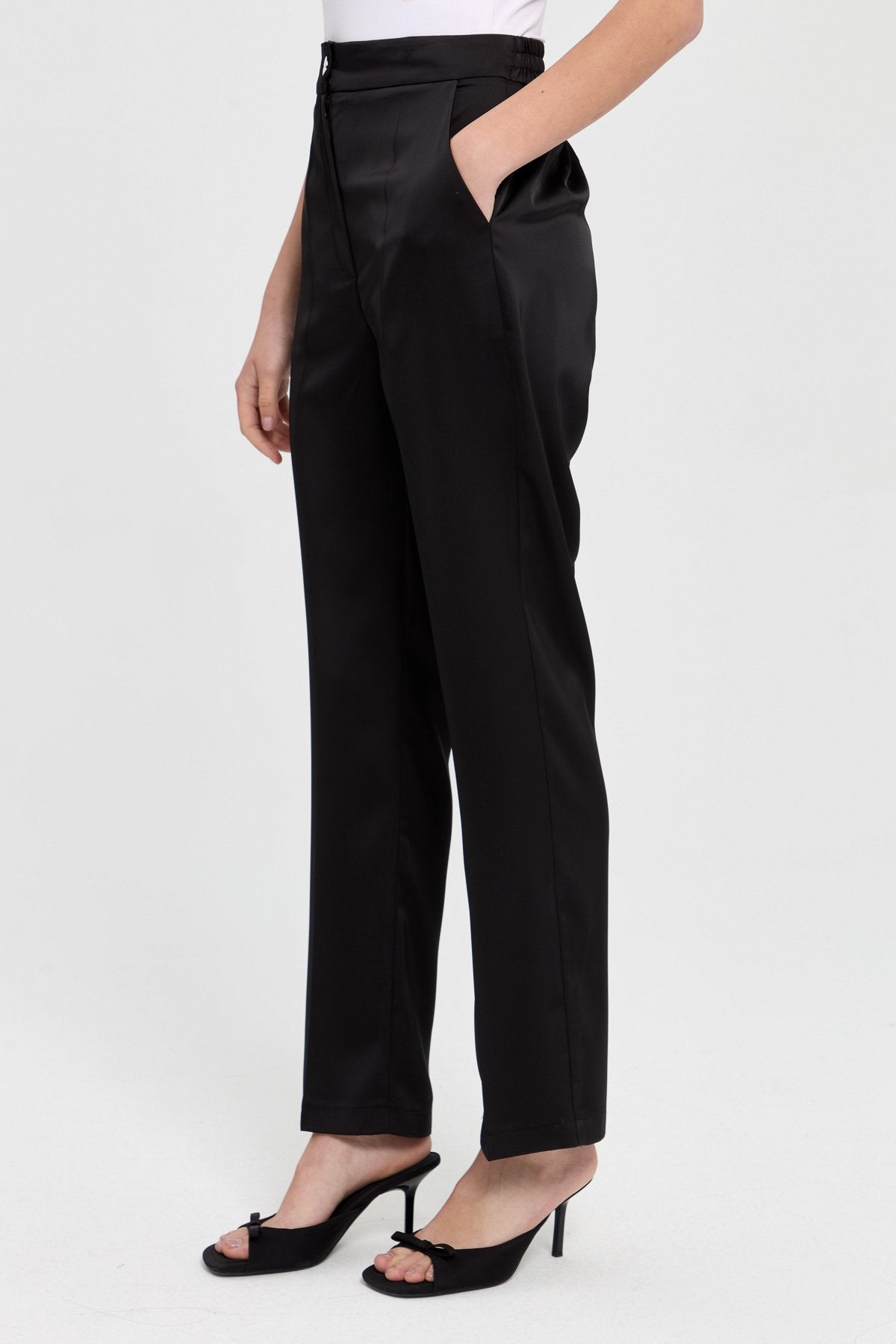 Satin Trousers with Elasticated Waistband - Black