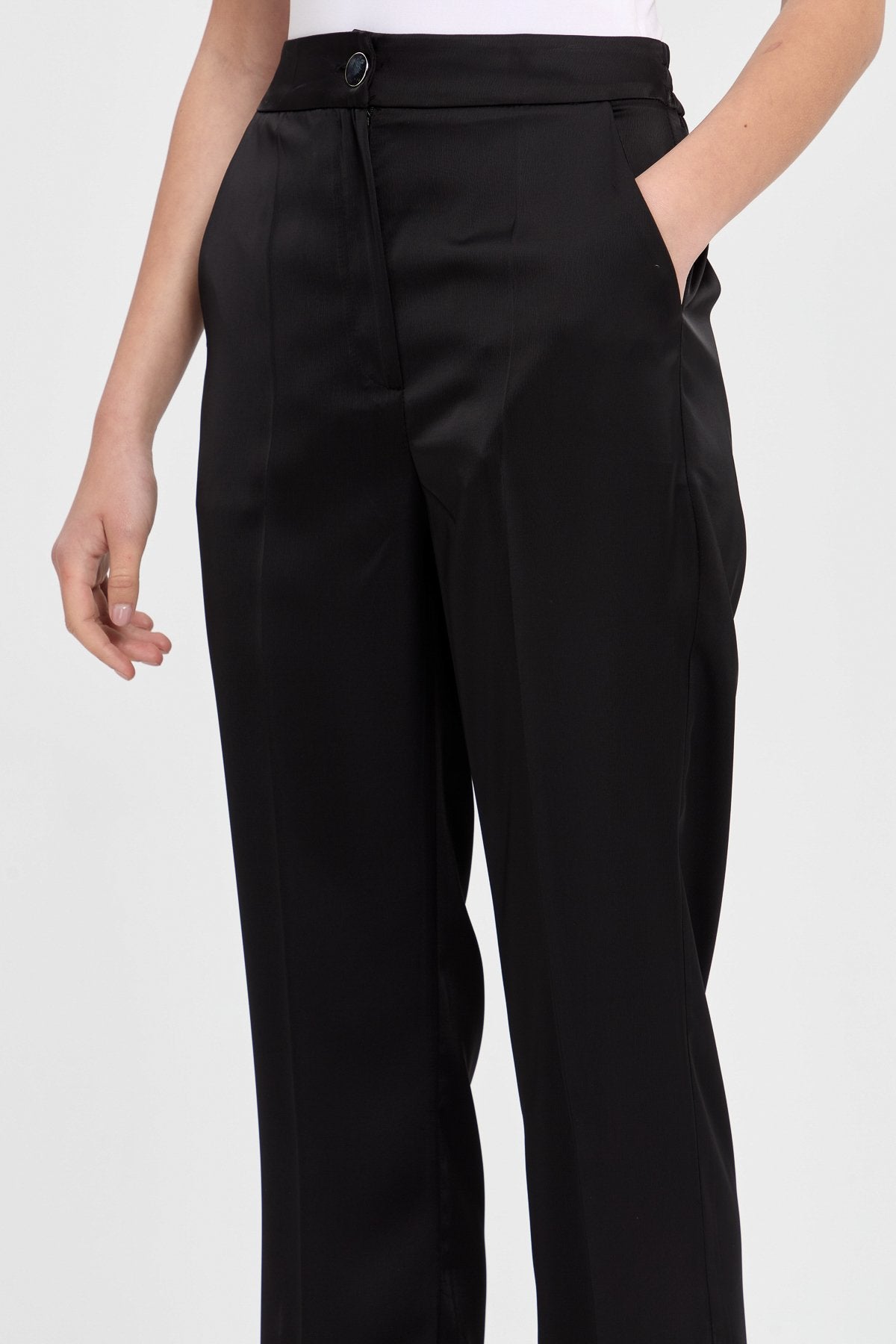 Satin Trousers with Elasticated Waistband - Black