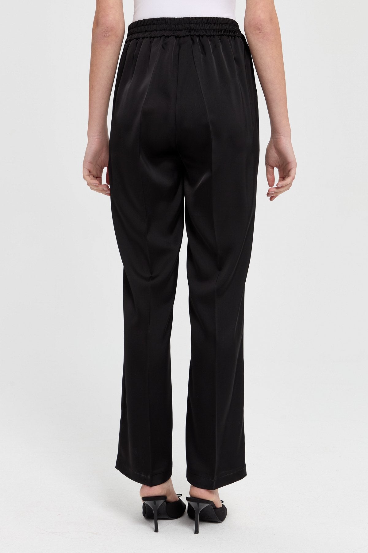 Satin Trousers with Elasticated Waistband - Black