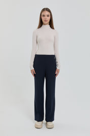 Straight Leg Trousers with Elasticated Waistband and Ironed Texture - Navy Blue