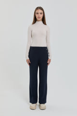 Straight Leg Trousers with Elasticated Waistband and Ironed Texture - Navy Blue