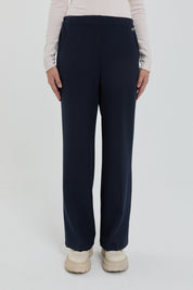 Straight Leg Trousers with Elasticated Waistband and Ironed Texture - Navy Blue