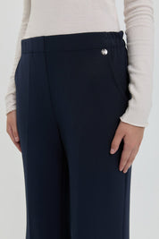 Straight Leg Trousers with Elasticated Waistband and Ironed Texture - Navy Blue