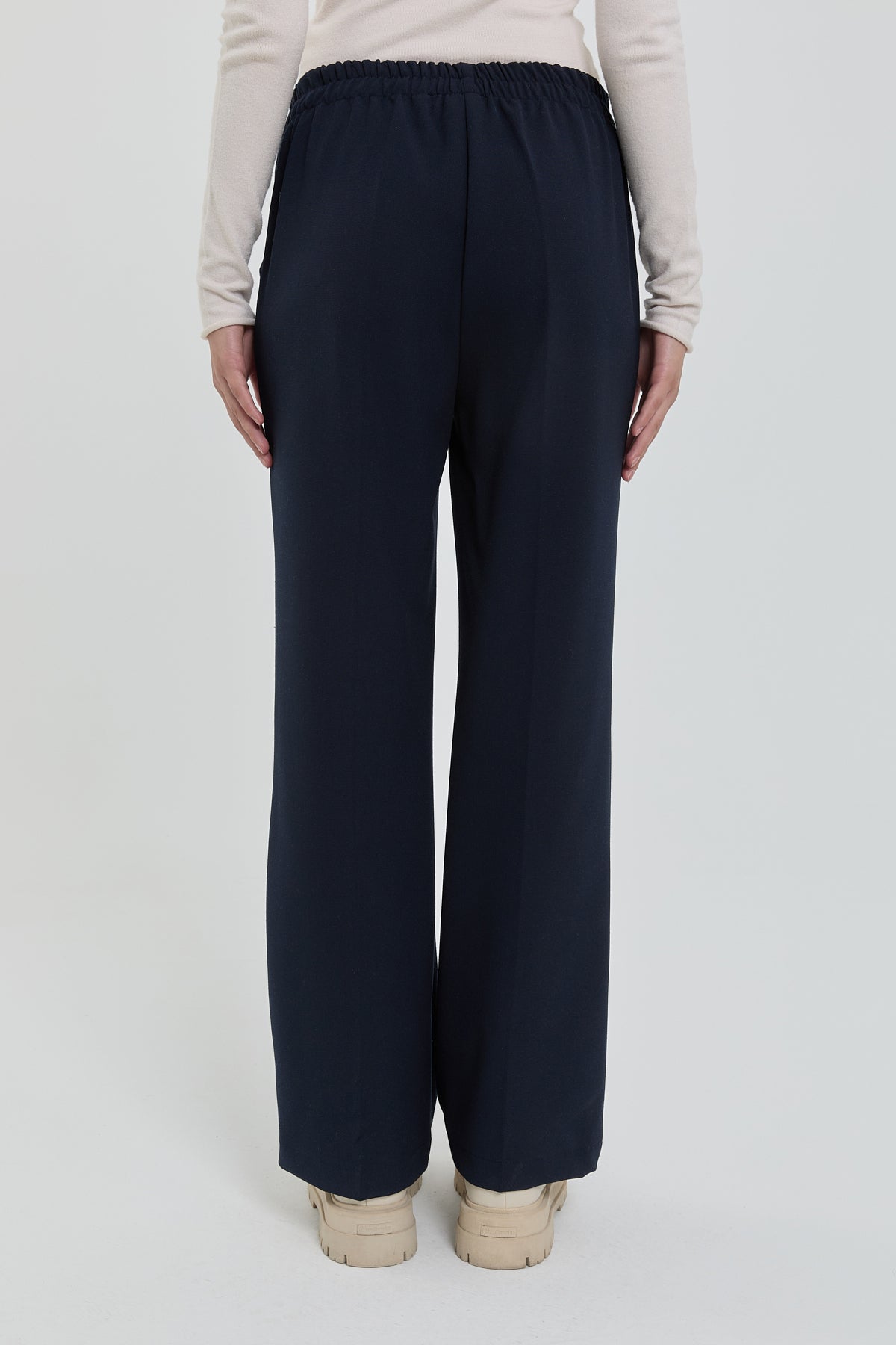 Straight Leg Trousers with Elasticated Waistband and Ironed Texture - Navy Blue