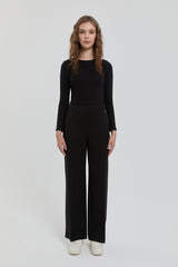 Straight Leg Trousers with Elasticated Waistband and Ironed Texture - Black