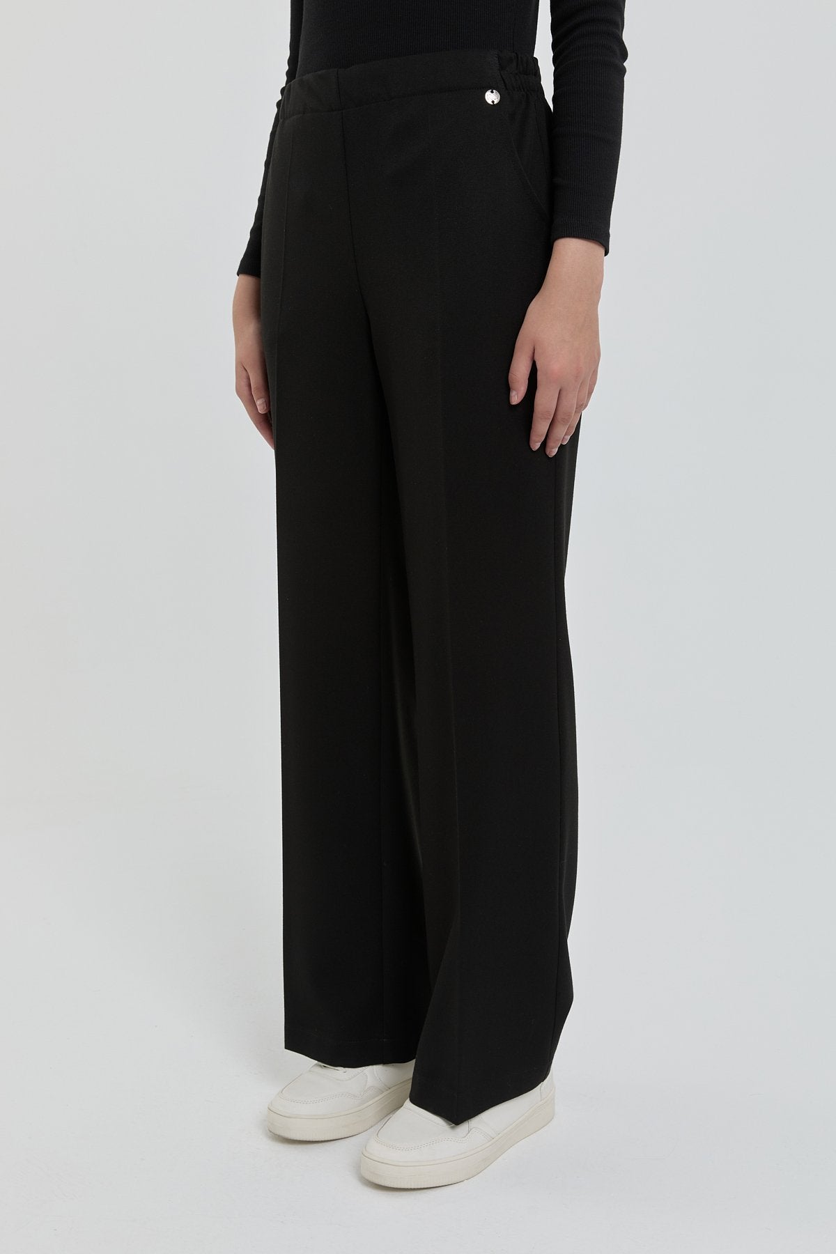 Straight Leg Trousers with Elasticated Waistband and Ironed Texture - Black