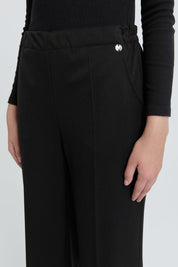 Straight Leg Trousers with Elasticated Waistband and Ironed Texture - Black