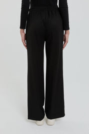Straight Leg Trousers with Elasticated Waistband and Ironed Texture - Black