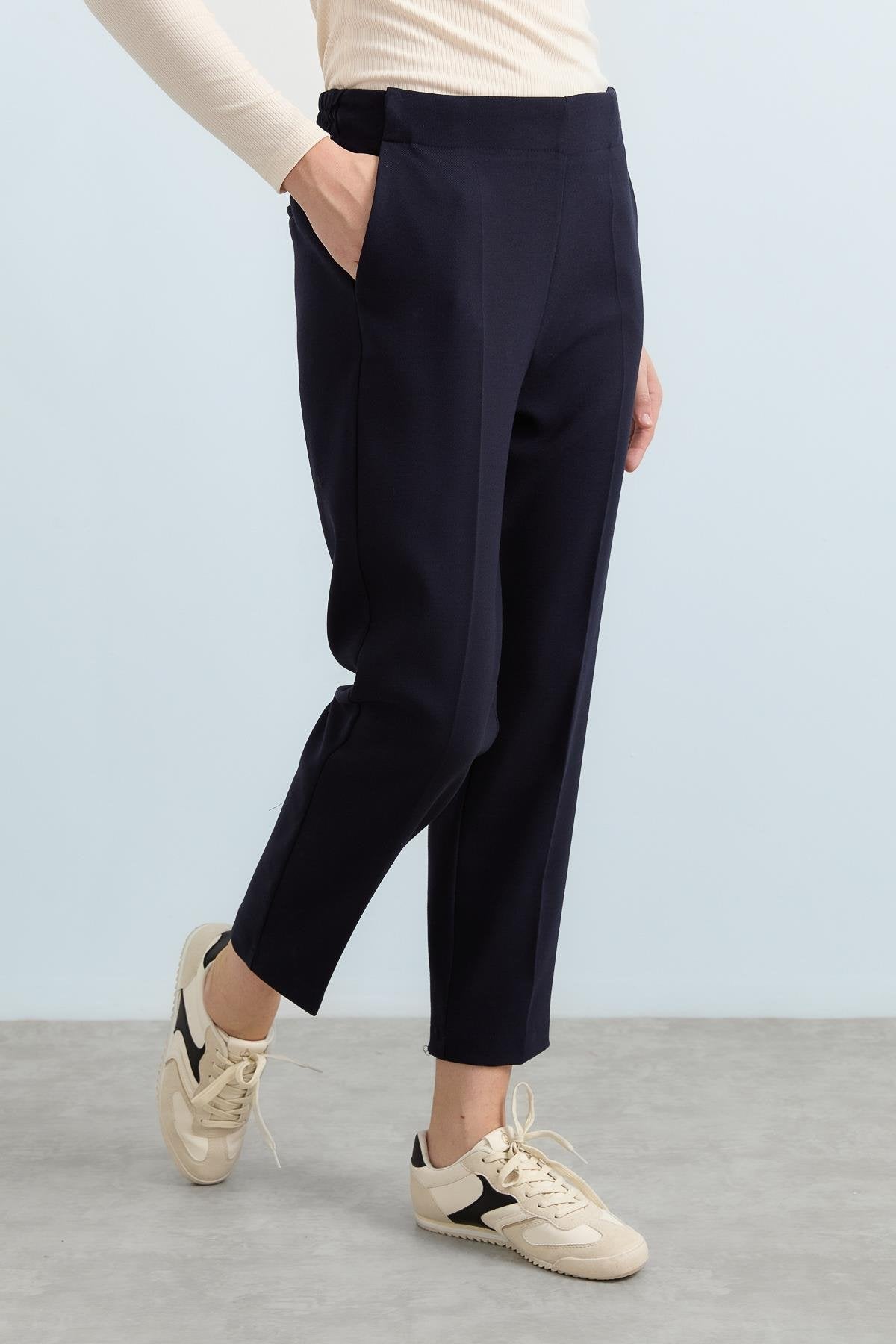 Carrot Pants with Elasticated Back Waist and Ironed Grip - Navy Blue