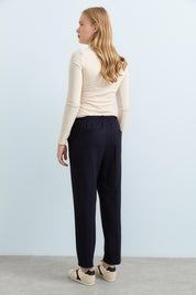 Carrot Pants with Elasticated Back Waist and Ironed Grip - Navy Blue