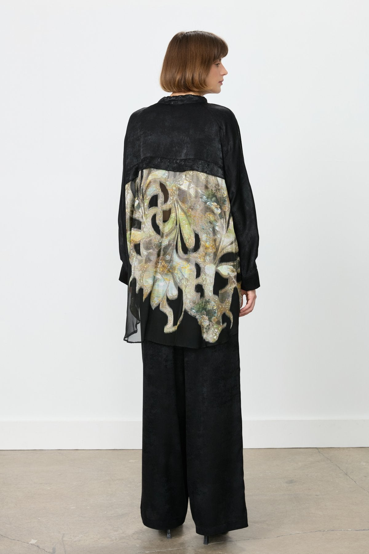 Patterned Back Pants and Tunic Jacquard Set - Black