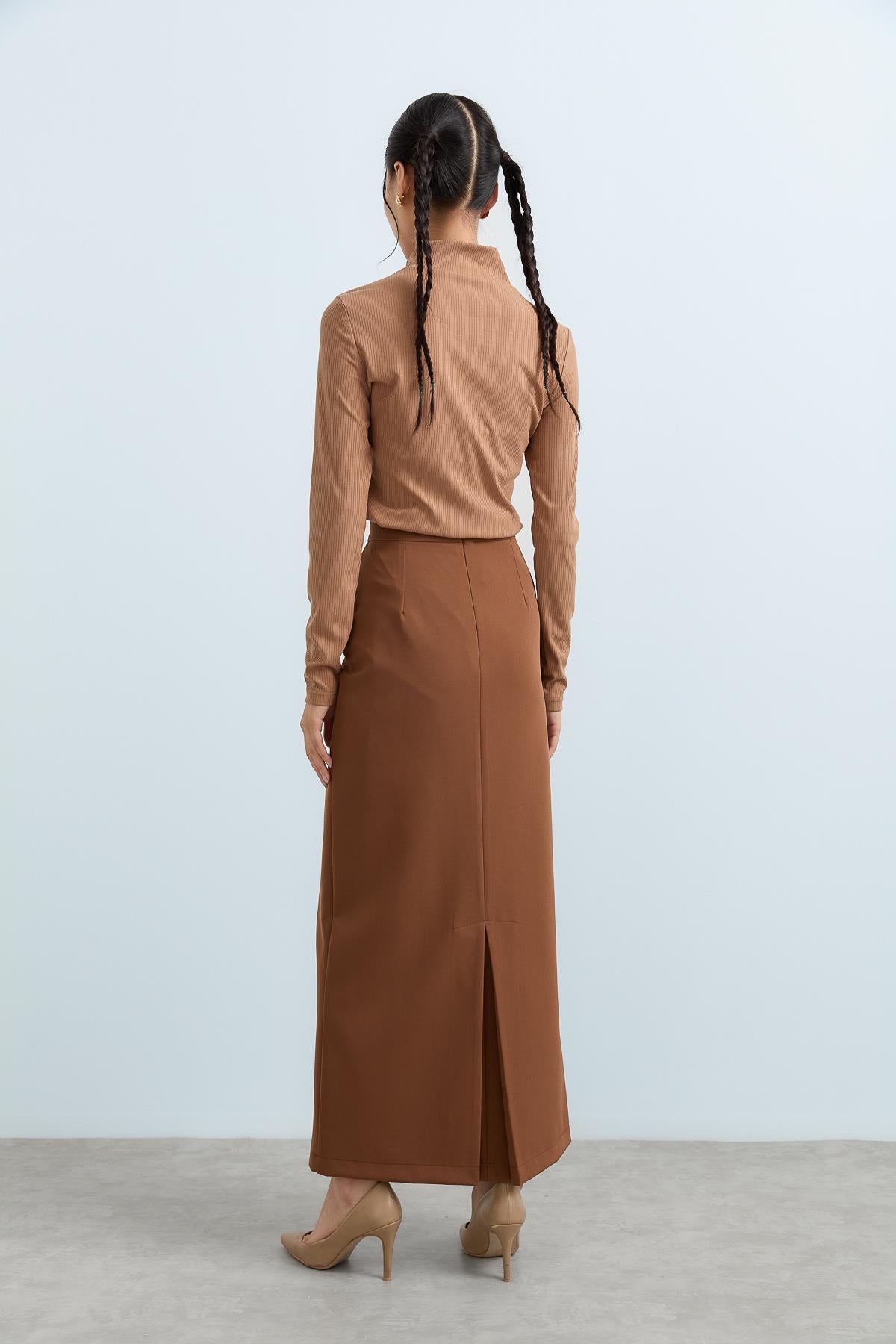 Arkası Pilikaşeli Kalem Etek - Açık Kahve