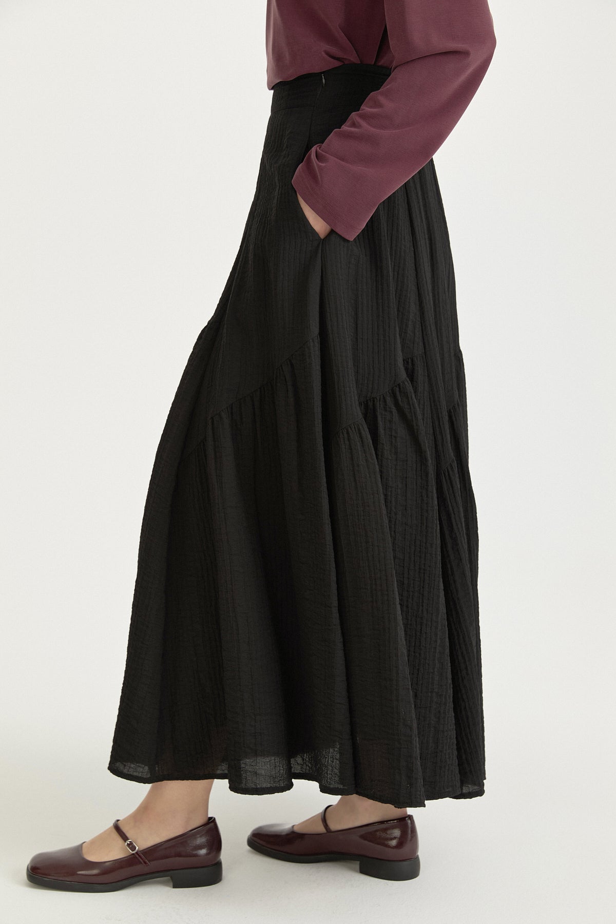 Asymmetric Ruched Viscose Skirt - Black