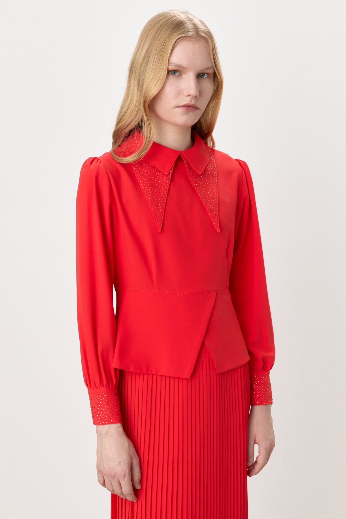 Asymmetric Detail Skirt and Blouse Set - Coral