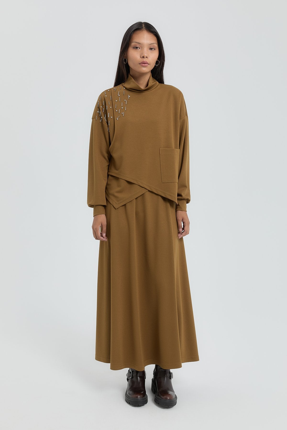 Asimetrik Detaylı Etek Bluz Takım - Olive
