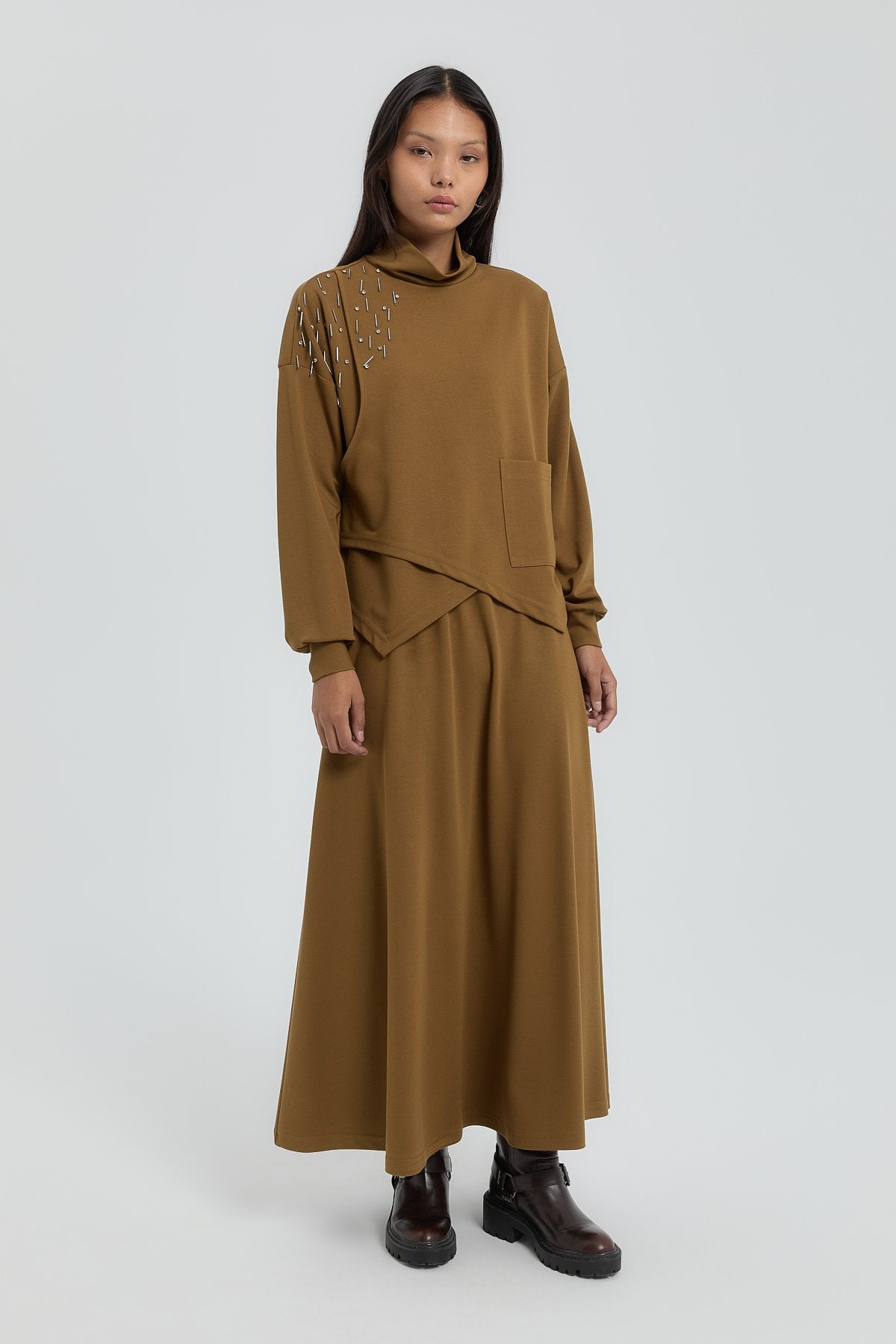 Asimetrik Detaylı Etek Bluz Takım - Olive