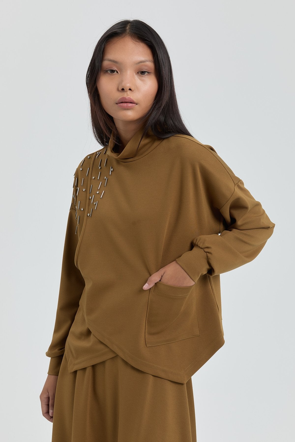 Asimetrik Detaylı Etek Bluz Takım - Olive