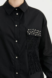Asymmetric Detailed Stone Embellished Poplin Cotton Tunic - Black