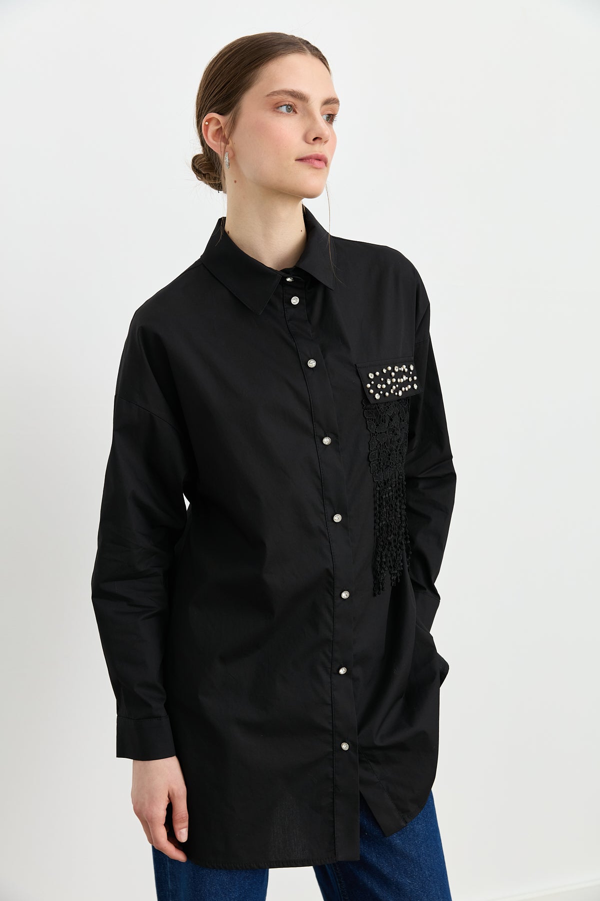 Asymmetric Detailed Stone Embellished Poplin Cotton Tunic - Black