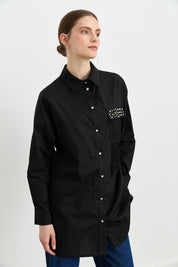 Asymmetric Detailed Stone Embellished Poplin Cotton Tunic - Black