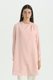 Asimetrik Kalıp Broşlu Tunik - Pudra