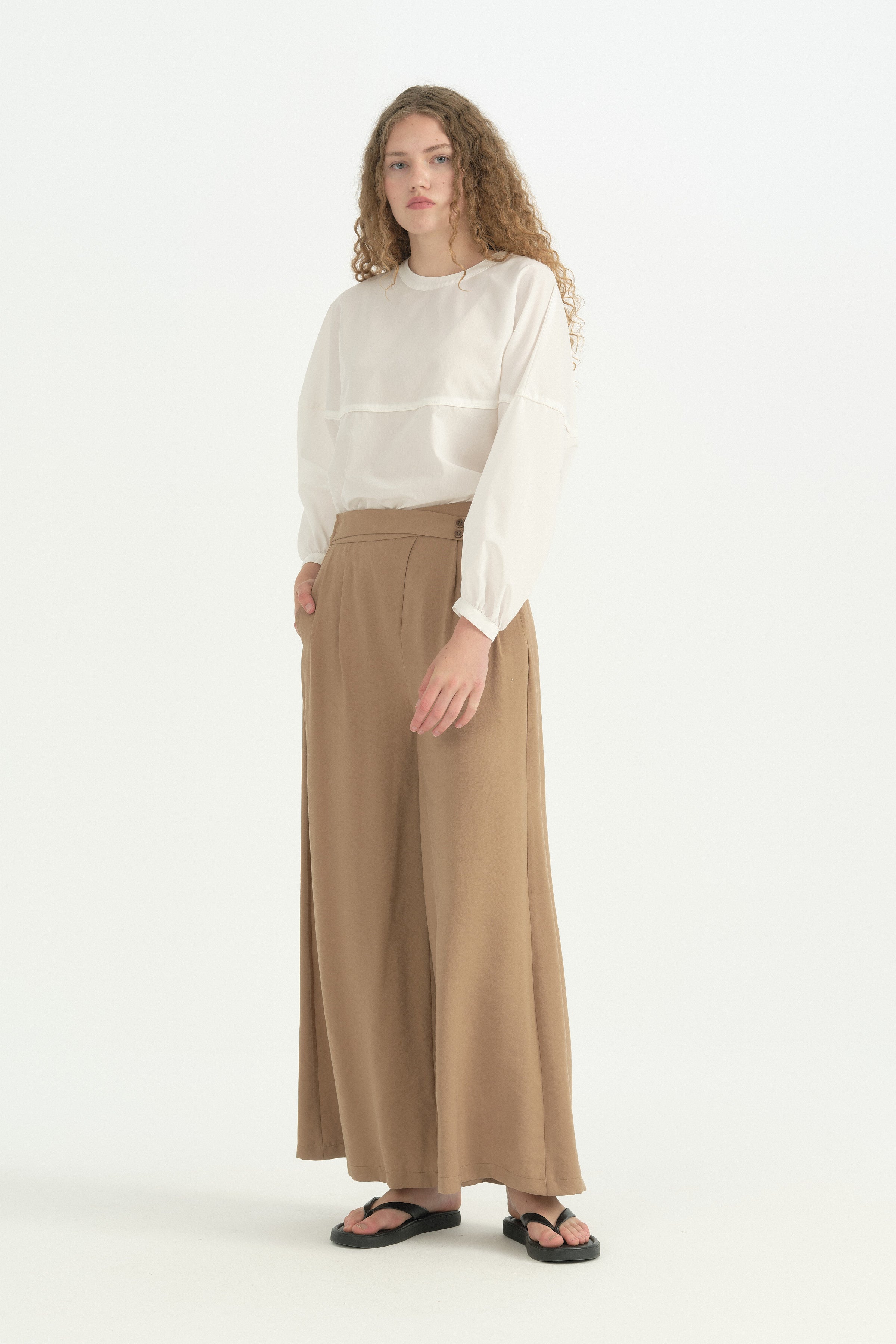 Asimetrik Kapama Bol Paça Modal Pantolon - Camel