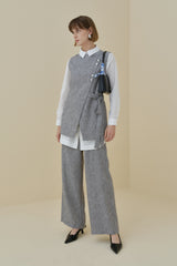 Asymmetrical Closure Vest and Trousers Set in Linen Look - Black